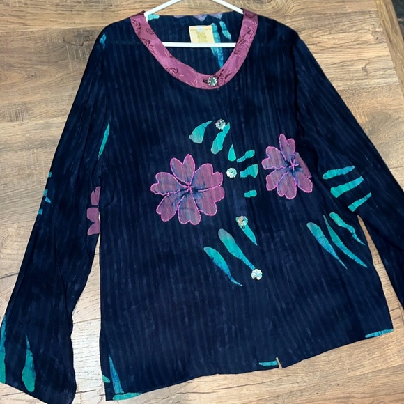 Asian creations Blue purple button up tropical SHIRT beaded round neck WOMENS Lg - Picture 1 of 14